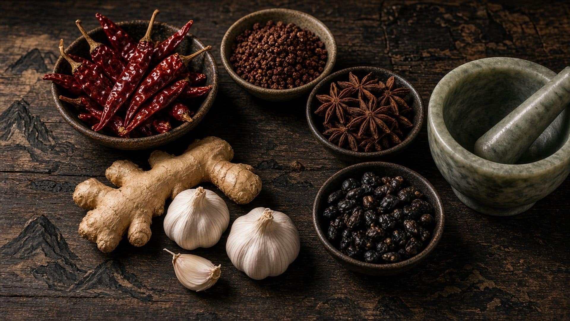 Spices and ginger on dark wood