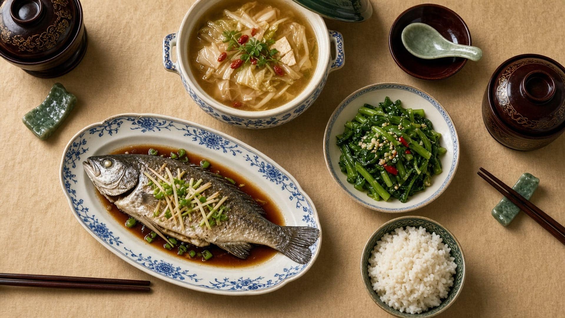 Shared banquet table with whole fish, greens, soup and rice