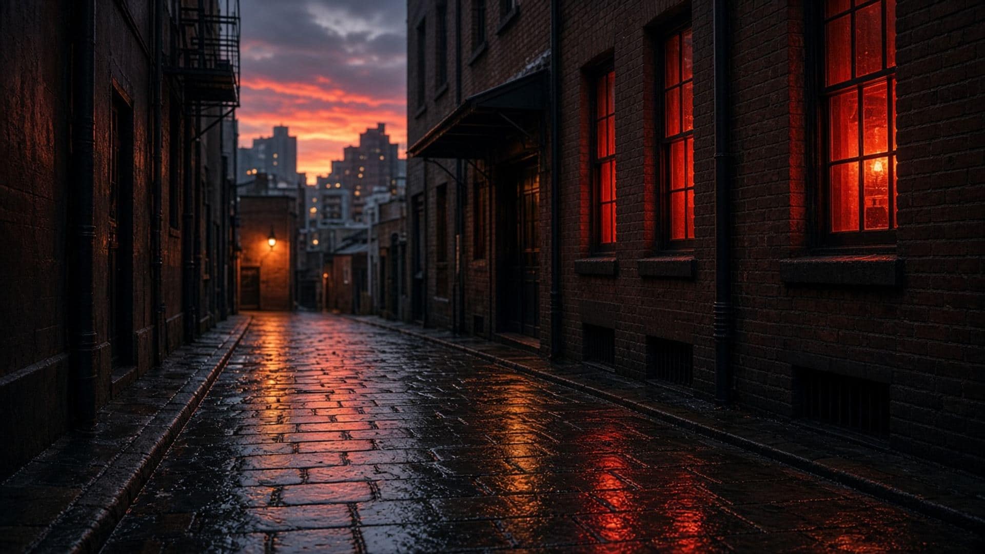 Warm-lit city laneway at dusk