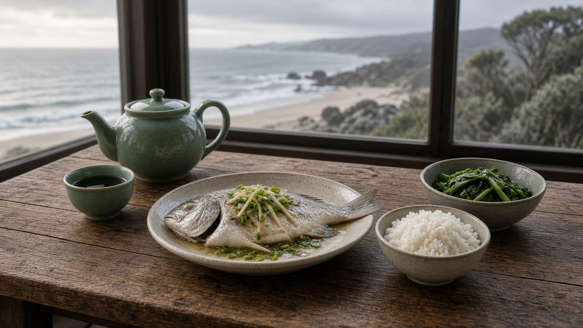 Seafood and greens on a timber table by a cool window