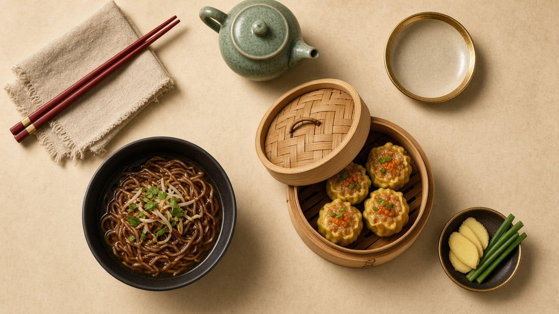 Overhead table with celadon teapot, bamboo steamer, noodles and lacquer-red chopsticks