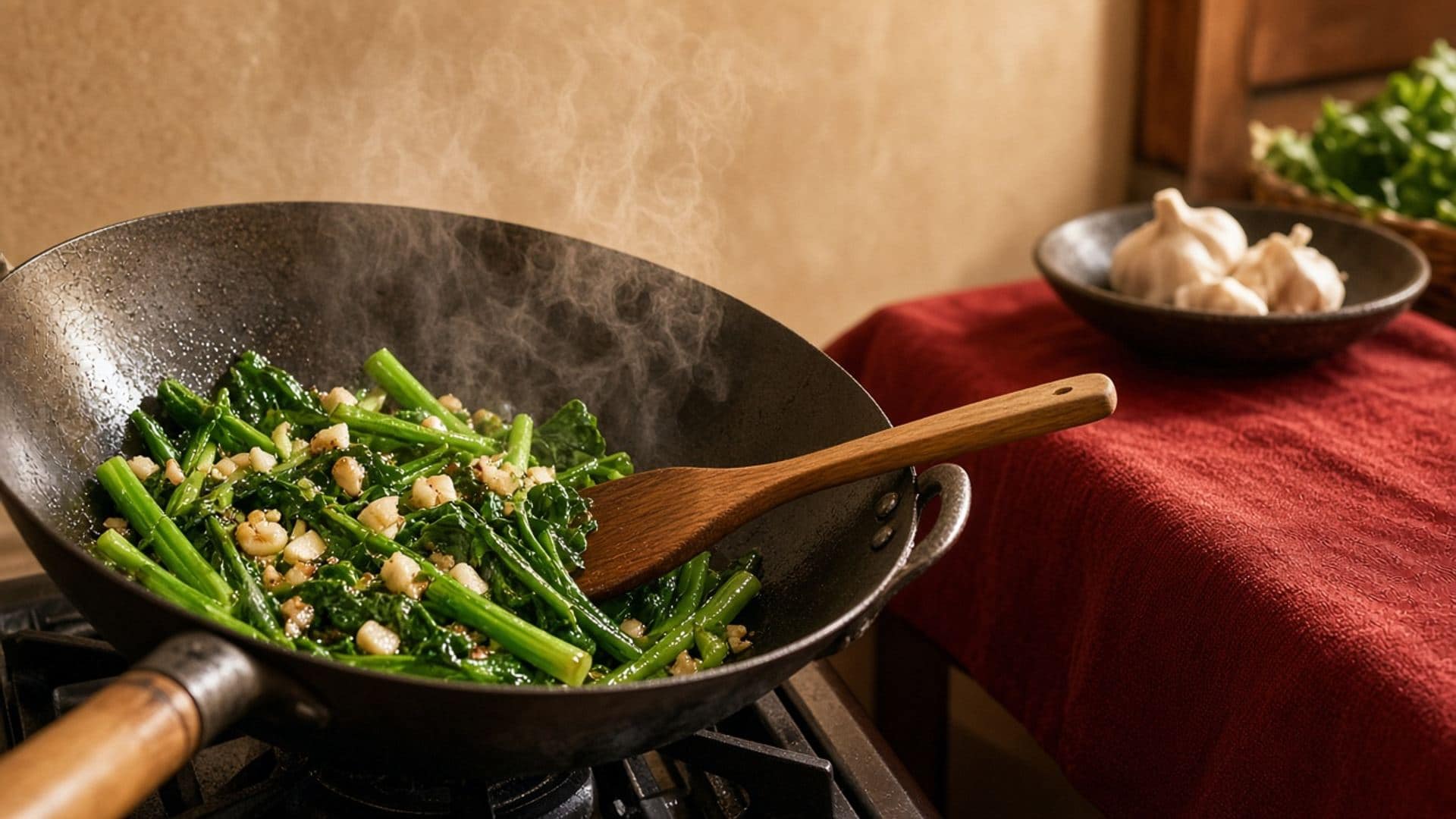 Wok of garlic greens with steam in a home kitchen