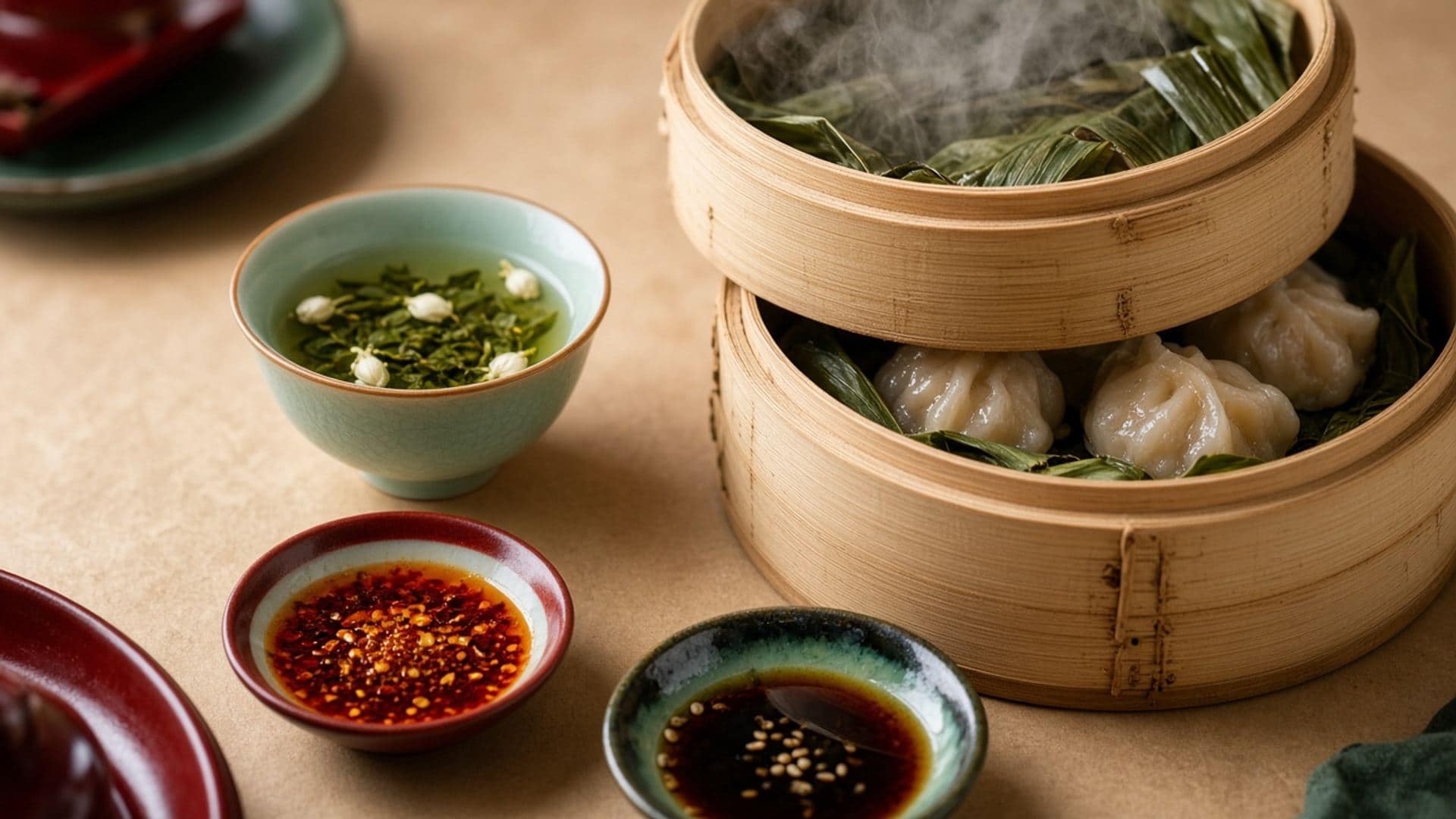 Stacked bamboo steamers, tea and chili oil on a warm table